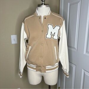 HIPPIE ROSE Faux Leather Sleeve Snap Front Varsity Bomber Jacket